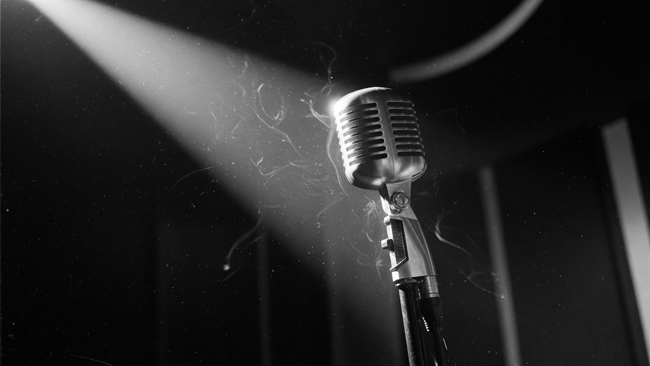 Vintage microphone in a black-and-white studio spotlight