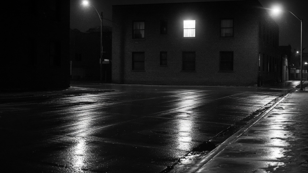 Wet city street at night in black and white