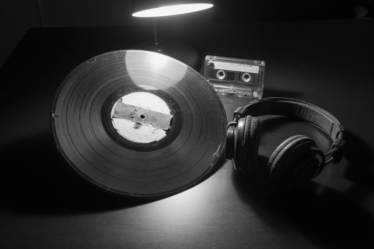 Vinyl record, cassette, and headphones in black and white